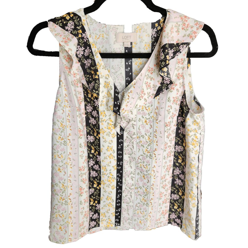 LOFT Top Floral Stripe Patchwork V-Neck Sleeveless Blouse Size XS